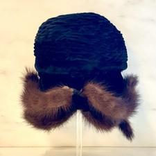 Vintage 1940s Cloche Hat Black Velvet Real Mink Fur Trim Toque Winter Pillbox