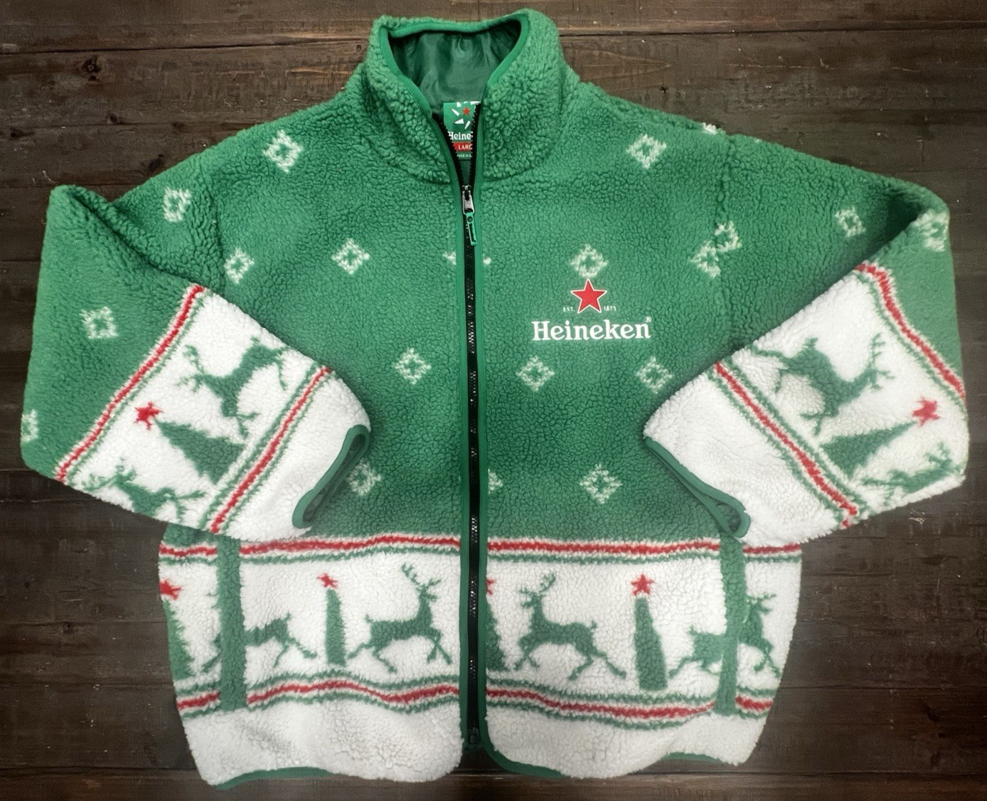 Heineken Christmas Fleece Jacket Ugly Sweater Promo Rare Green Sherpa Large