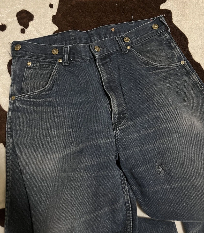 Pantalones de mezclilla de trabajo de carpintero clave rara de colección años 50 botones azul oscuro garra cremallera 34x30 Foto 3 de 4