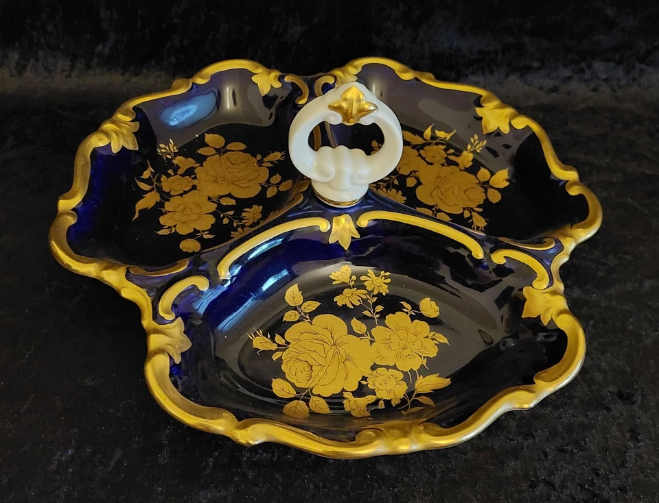 Porzellan Prunkschale mit Tragegriff - Reichenbach - Kobalt blau Goldverzierung - Bild 2 von 4