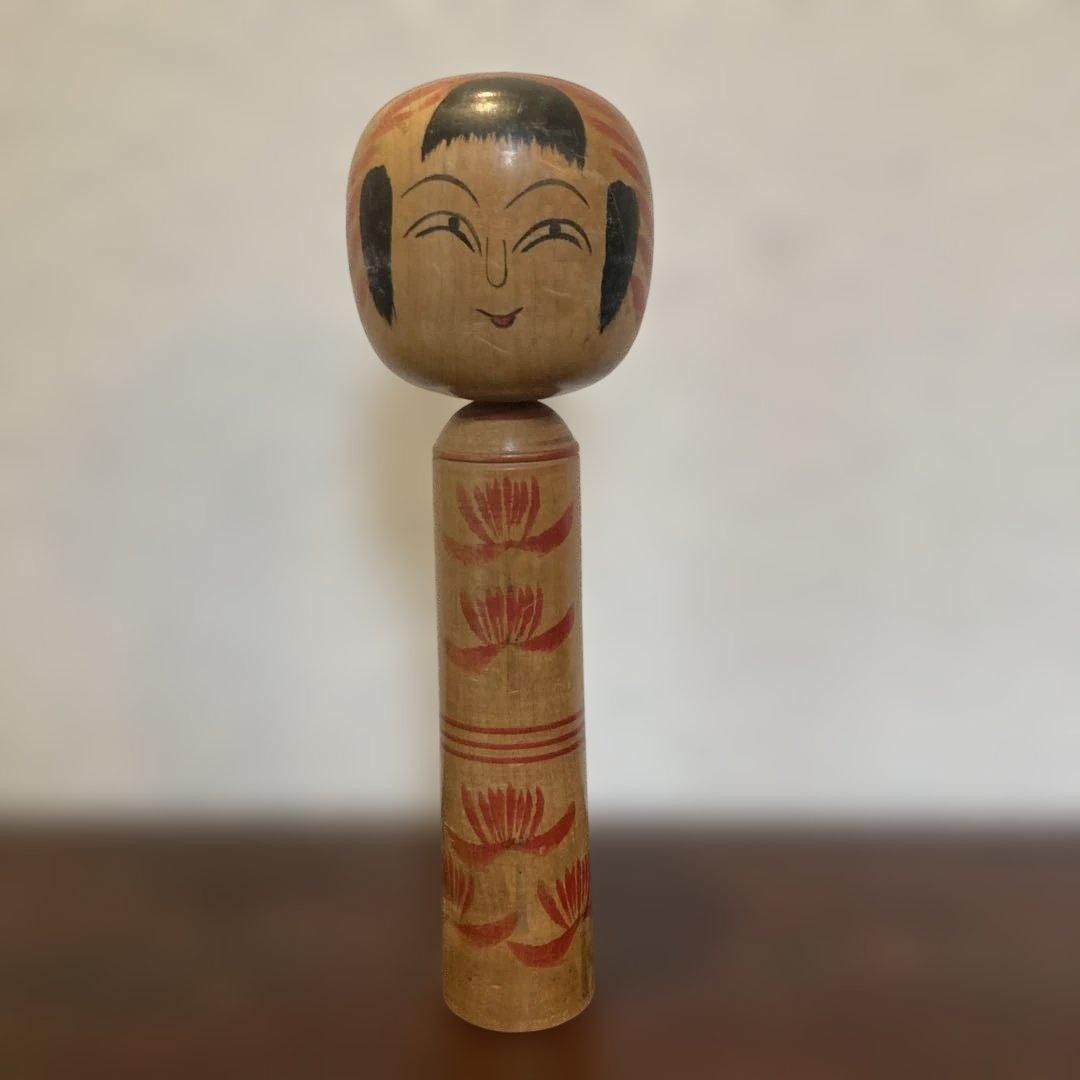 Jusansuke Kokeshi Traditional Wooden Doll Red Flower Design