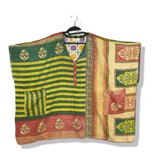 Kantha Bae Poncho Top Womens Free Size Green Kantha Stitch Boho Artisan Hippie
