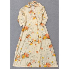 Vintage Sears Floral Maxi Robe Cream Orange 70s Loungewear Duster Medium 14-16