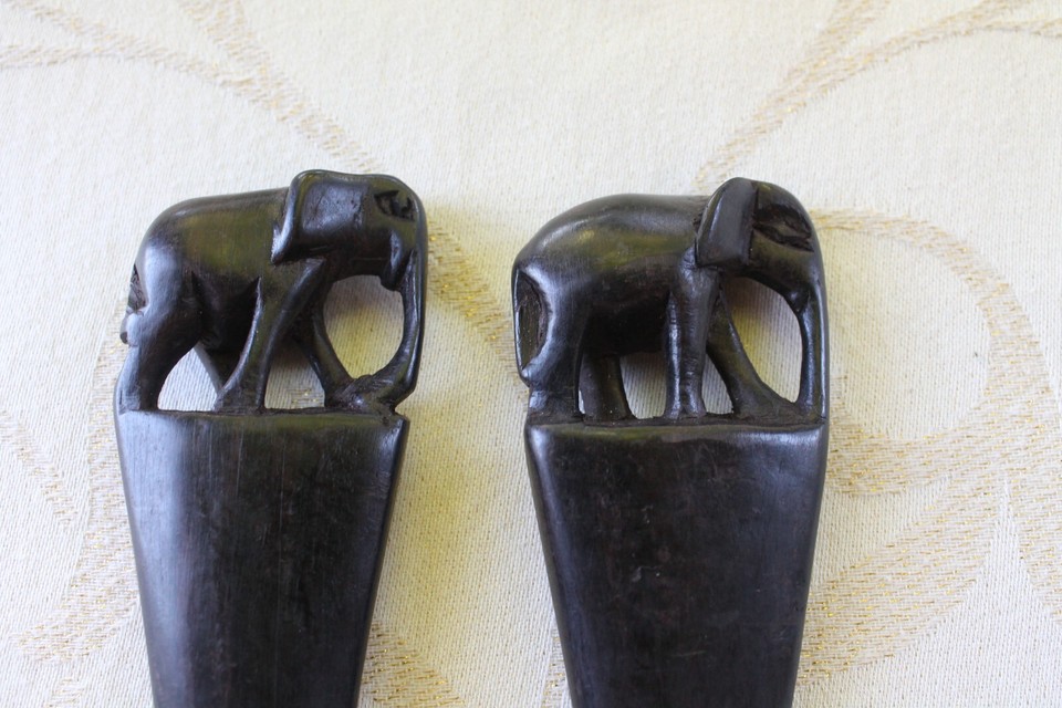 African Black Wood Carved Salad Servers Elephant Handmade Serving