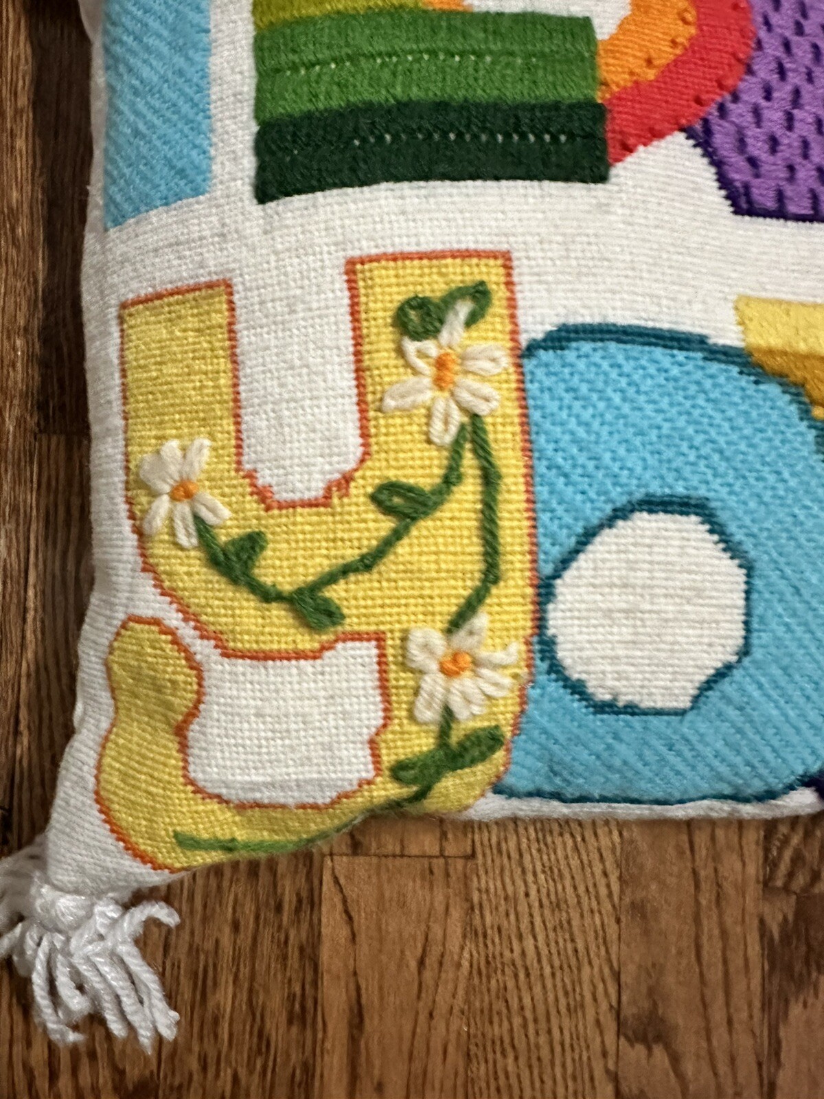 Vintage  Sunset Designs Needlepoint Throw Pillow Completed Rainbow Love You