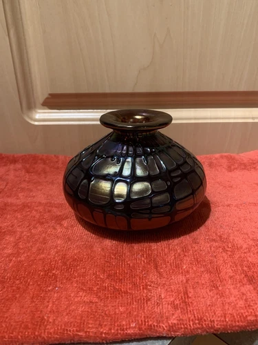 Stuart Abelman Art Glass Round Vase SIGNED Art Glass 4” Iridescent 1987