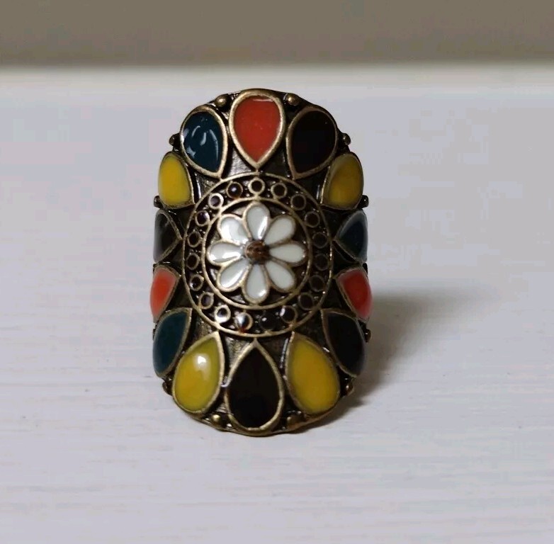 Vintage Enamel Ring Brass Tone Flower Rhinestone Size 7 Boho  display picture 1