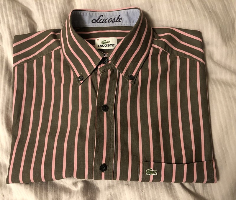 Lacoste Mens Shirts Size 39/S Brown Pink Stripes Cotton EUC