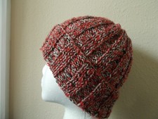 Hand knitted elegant warm beanie/hat, red/gray/black twist