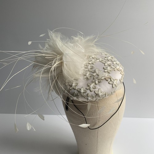 Emily London sequin Pillbox Hat Fascinator Royal Ascot Wedding races white cream - Picture 7 of 14
