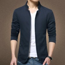 Men's Slim Fit Zipper Cotton Coat Jacket Long Sleeve Stand Collar Outwear Casual