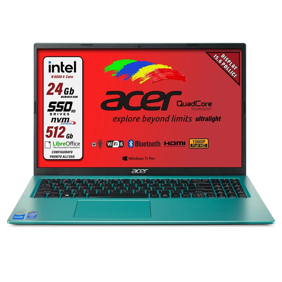Acer Notebook Intel N6000 SSD 512 GB RAM 24 GB 15,6" FullHD Blue Pronto all'Uso
