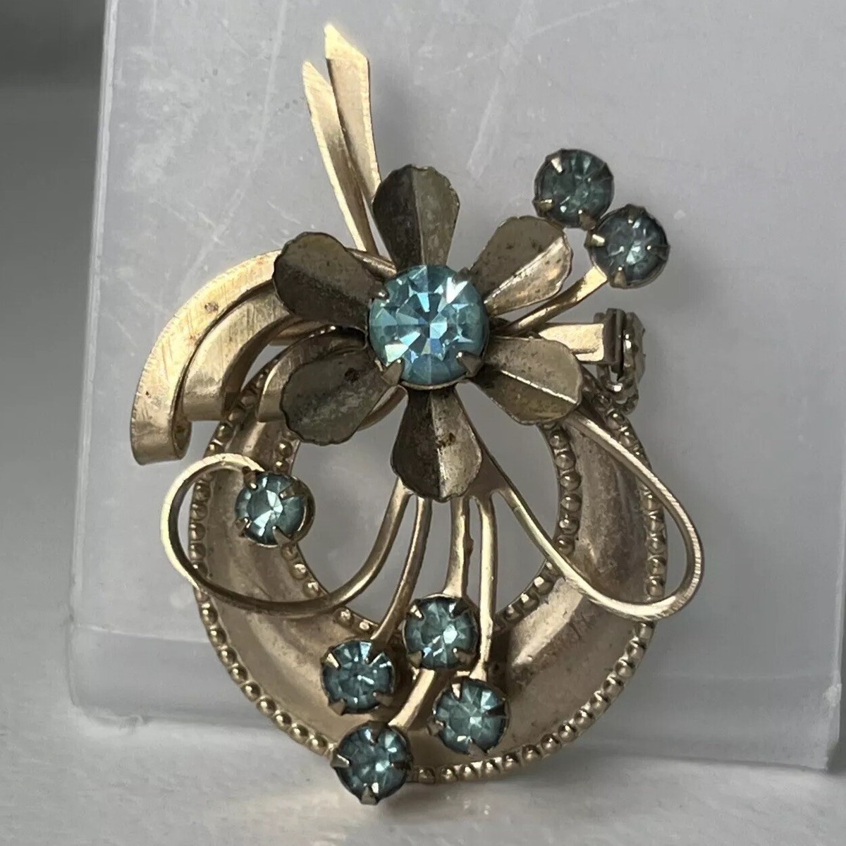 Vintage Silver Tone Sky Blue Rhinestone Floral Broach | eBay