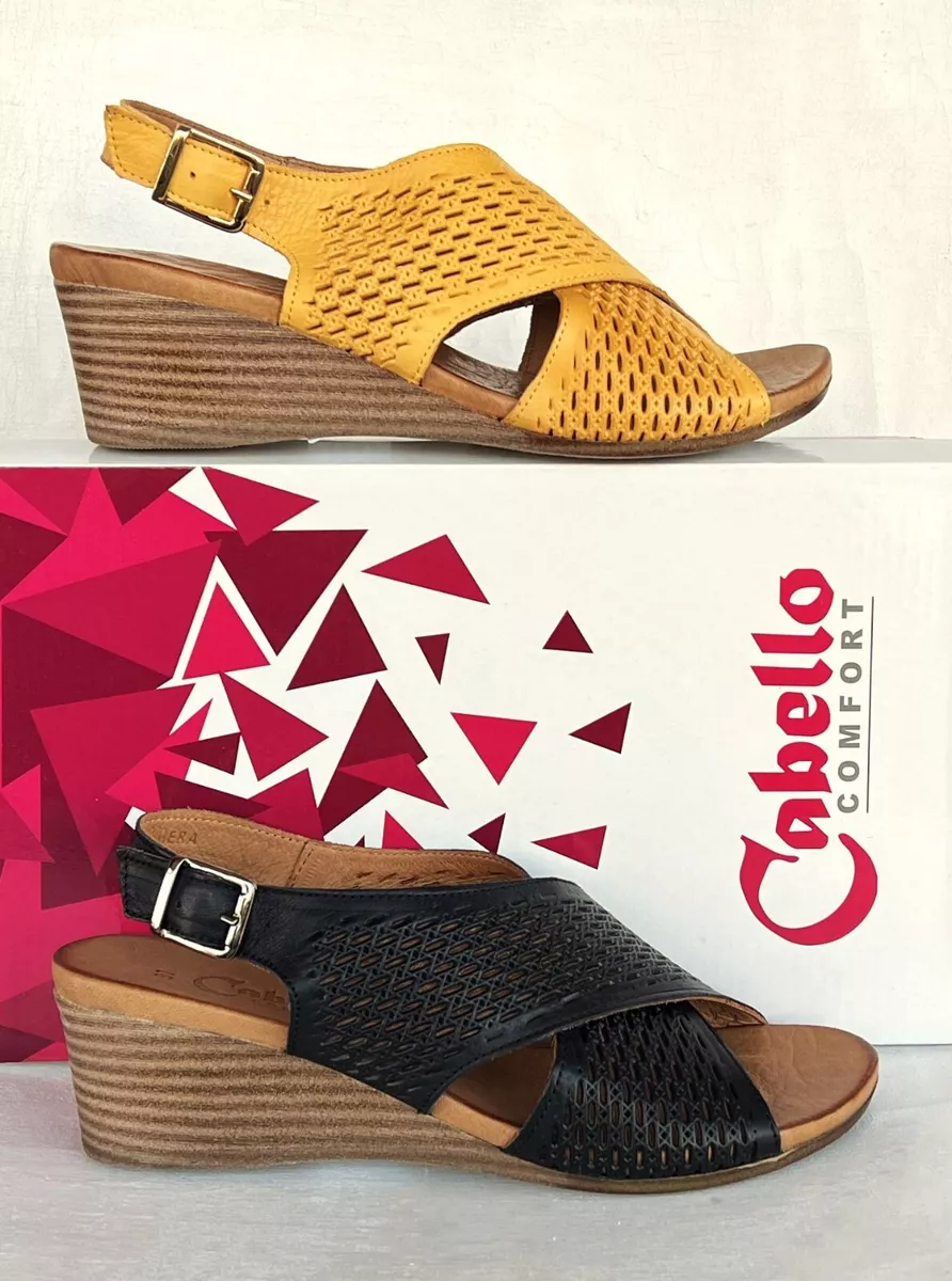 Cabello Comfort soft leather wedge sandals Cabello Shoes Hera Black and Yellow