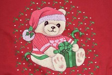 VTG Womens Red Sweatshirt Teddy Bear Santa Hat Gift Christmas Crew Neck USA XL