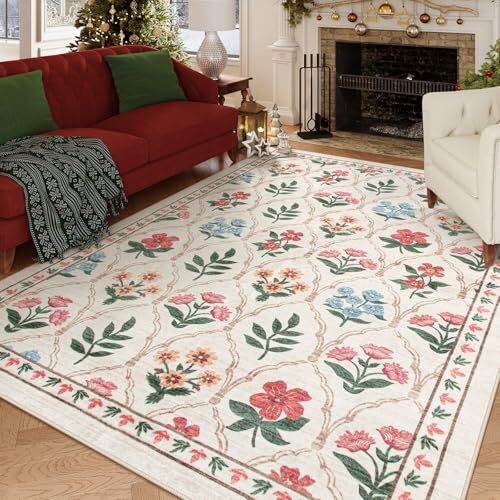 Large Washable Floral Area Rugs 8x10 Rug for Living Room - Soft 8‘ x 10’ Cream - Bild 5 von 7