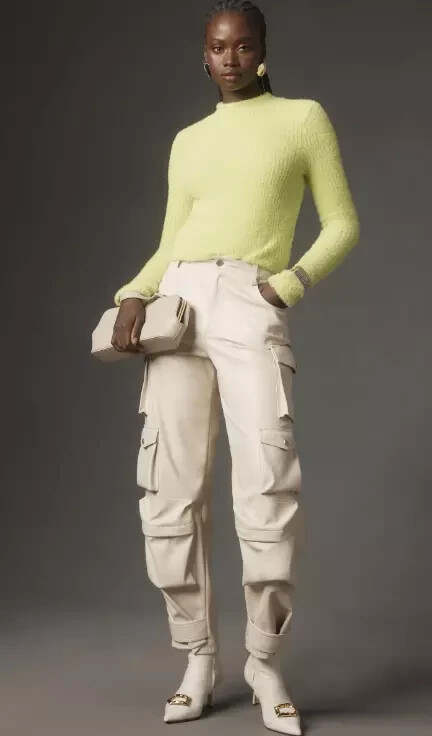 by Anthropologie Mock Neck Fuzzy Ribbed Sweater Size Medium Neon Lime Green