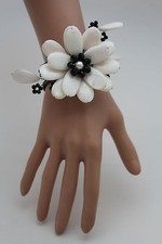 New Women Bracelet White Beads Big Flower Charm Elastic Cuff Band Jewelry Black