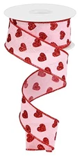 Small Glitter Hearts Wired Edge Ribbon, 10 Yards 1.5 Inch, Light Pink
