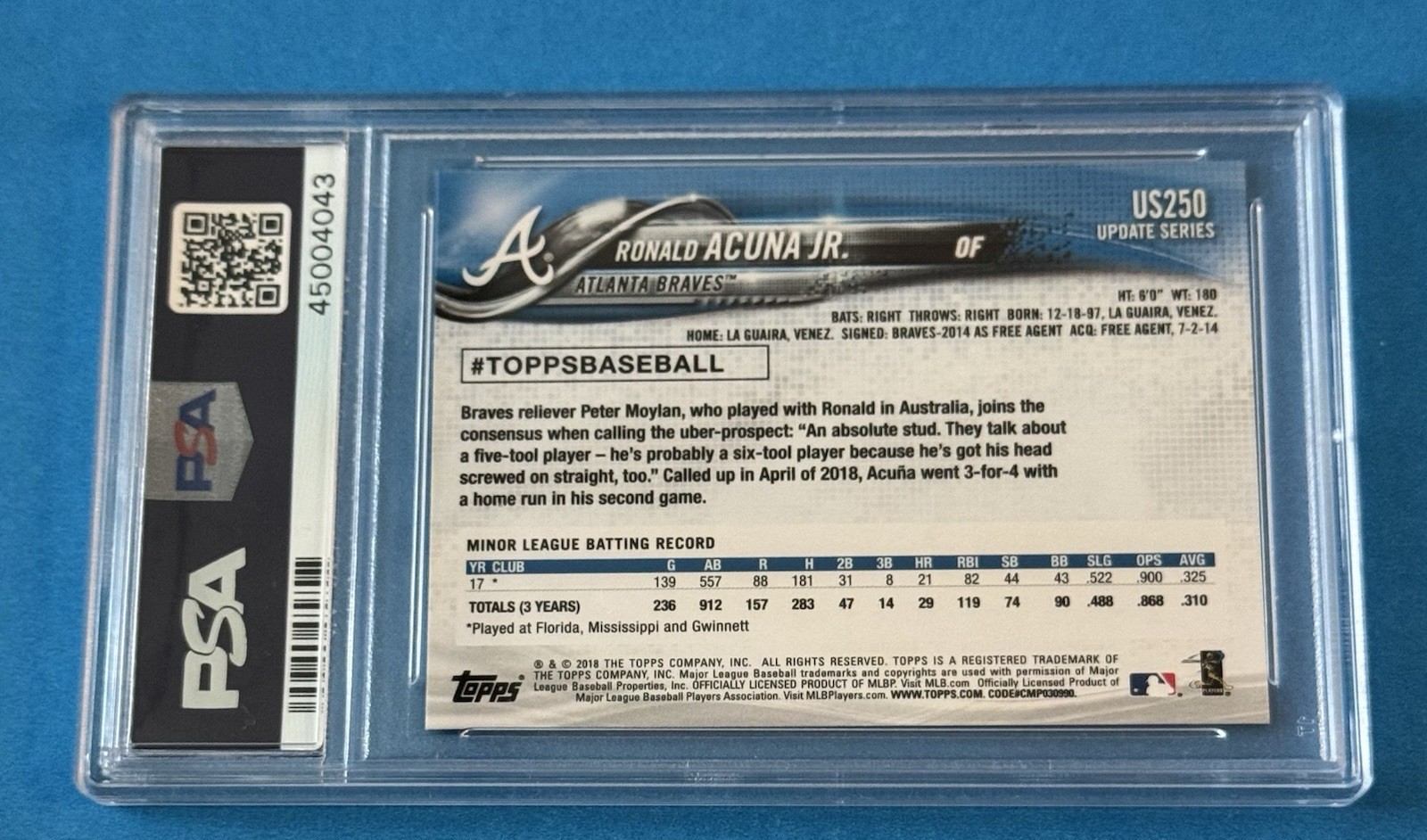 2018 Topps Update Ronald Acuna Jr. US250 Rookie PSA 9  At Bat Braves Blue Jersey view 4
