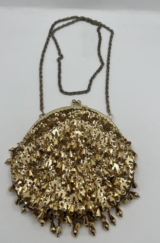 Vintage Gold Beaded Evening Bag Sequin Cocktail Purse Beaded Handle Chain Strap - Image 1