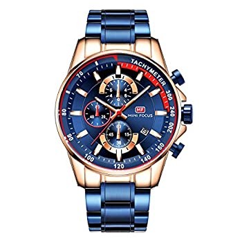 Mini Focus Herren Luxus Quarz Uhr Chronograph Edelstahl Blau aus Japan