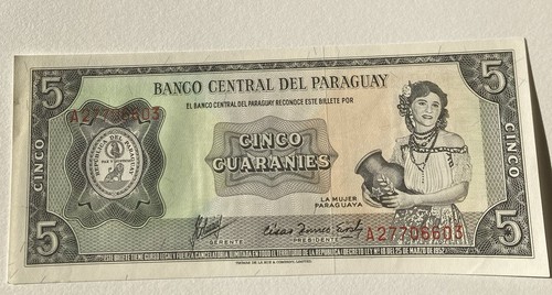 1952 PARAGUAY - 5 GUARANIES - Prefix A27706603 (108)