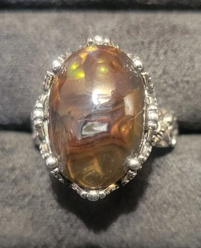 Fire Agate Vintage Style Solid S925 Silver Ring With Druzy Size 7.5