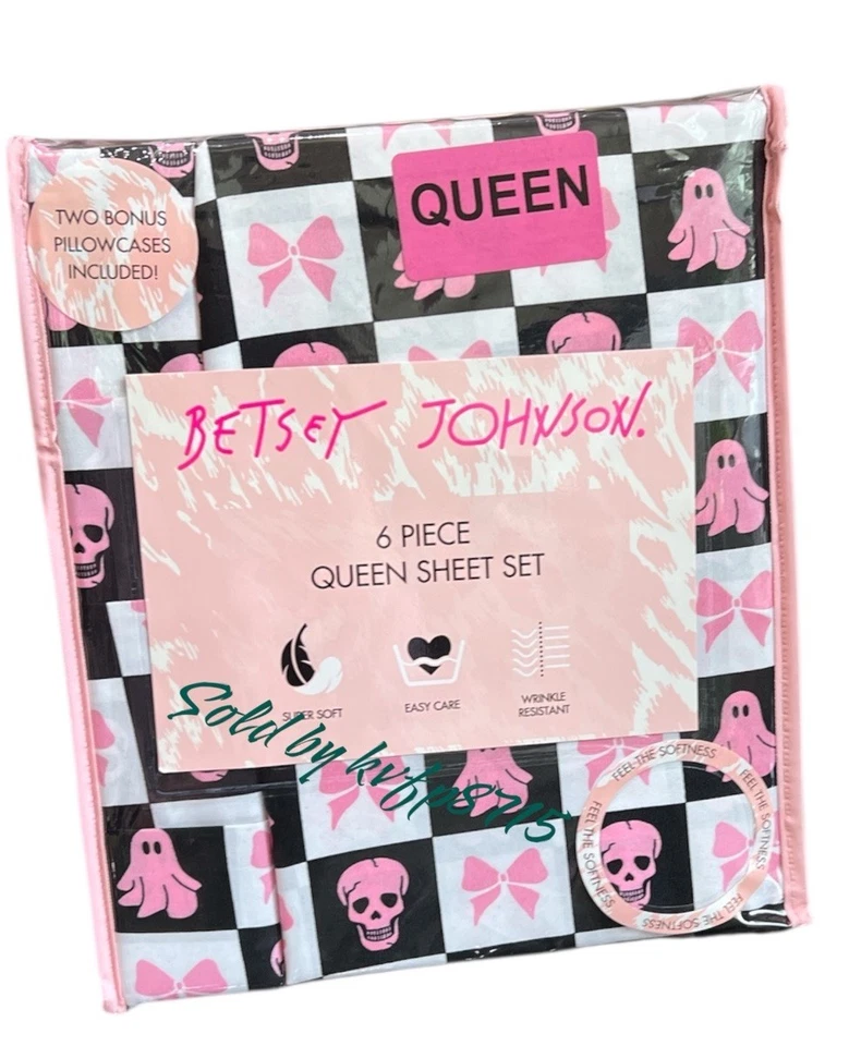 万圣节幽灵、骷髅、弓形格子粉色大号床单套装 6 件套 Betsy Johnson — 第 2/3 张图片