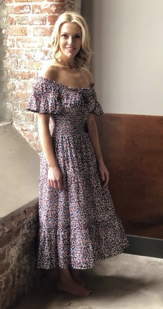 New Tory Burch Wildflower Off Shoulder Smocked Floral Boho Midi Dress S/P $498 thumbnail 2