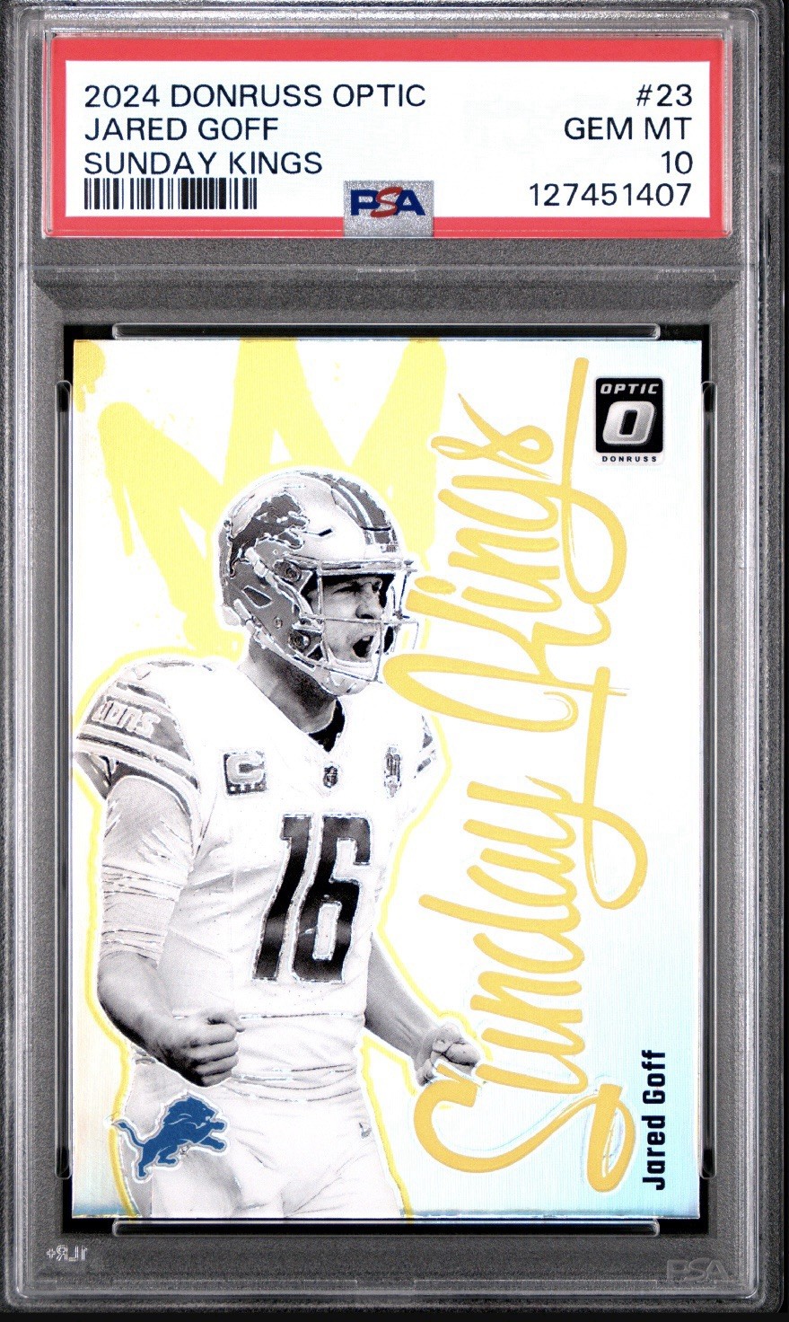 Jared Goff 2024 Donruss Optic Sunday Kings SSP Case Hit PSA 10 Gem #23 Lions