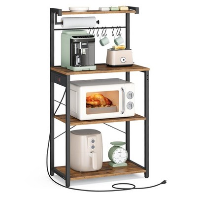 VASAGLE Kitchen Bakers Rack with Power Outlet, Coffee Bar 4-Tier with 8 S Hooks,