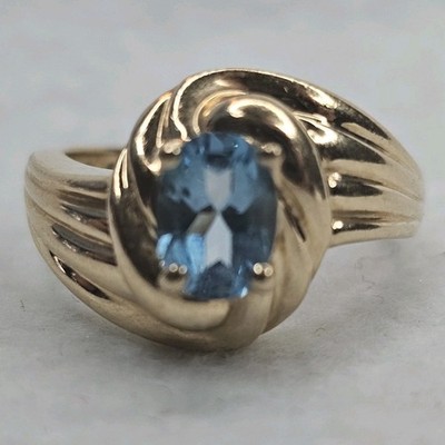 Vintage 14K Gelbgold Blautopas Ring 1,0 ct Oval Wirbelfassung Größe 6 4,99 g