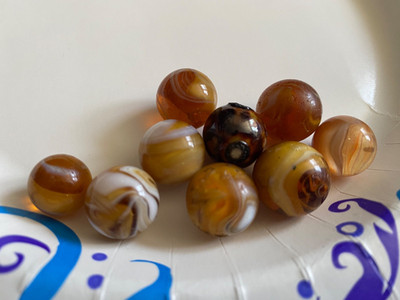 9 antique Marbles (Brown White Tan Cream Orange) Corkscrew Glazed Swirl