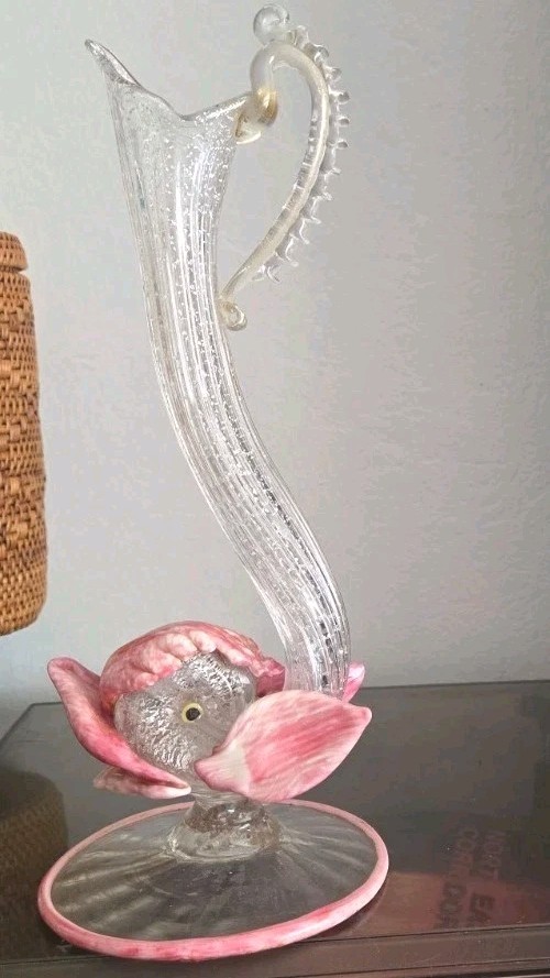 Vintage Murano Art Glass Dolphin/Fish Vase Pink Gold Aventurine Bullicante