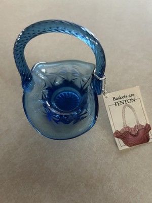 Vintage Fenton Glass Periwinkle Blue Barred Basket w/ Tag (6'')