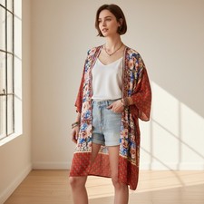 UMGEE Open Front Kimono Cardigan Floral Bohemian M Mix Print Beach Cover-Up