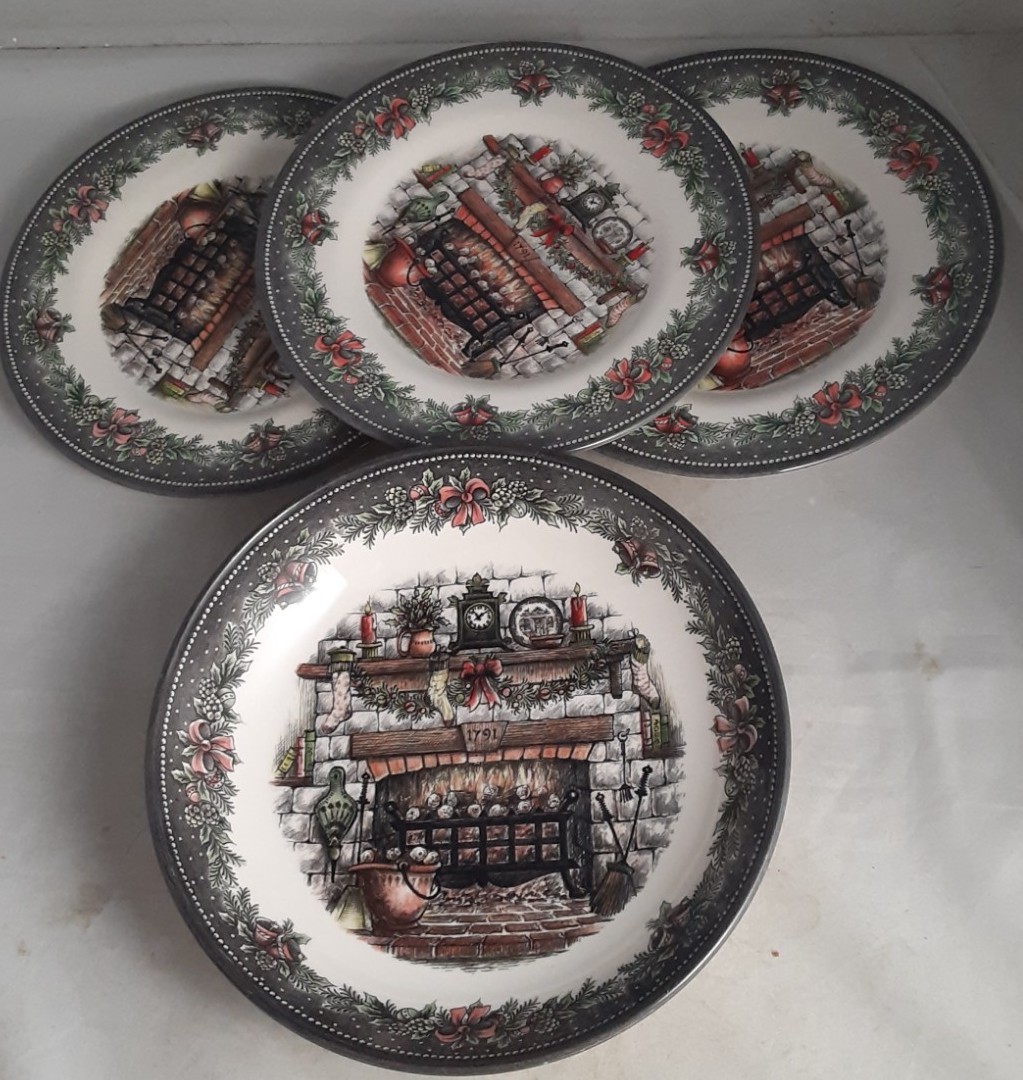 Royal Stafford Christmas Eve Fireplace 3-Salad Plates 8 1/2" + 8 3/4" Serve Bowl
