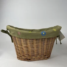 Boho Wicker Oval Basket With Avocado Liner Embroidered Daisies EUC