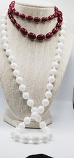 2 Vintage Pretty Plastic Beaded Necklaces One White 30", One Wine 24" woo1