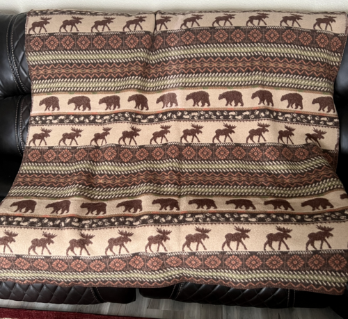 Wooded River Throw Blanket Brown Bear & Moose Rustic Lodge Camping 68x60 Idaho