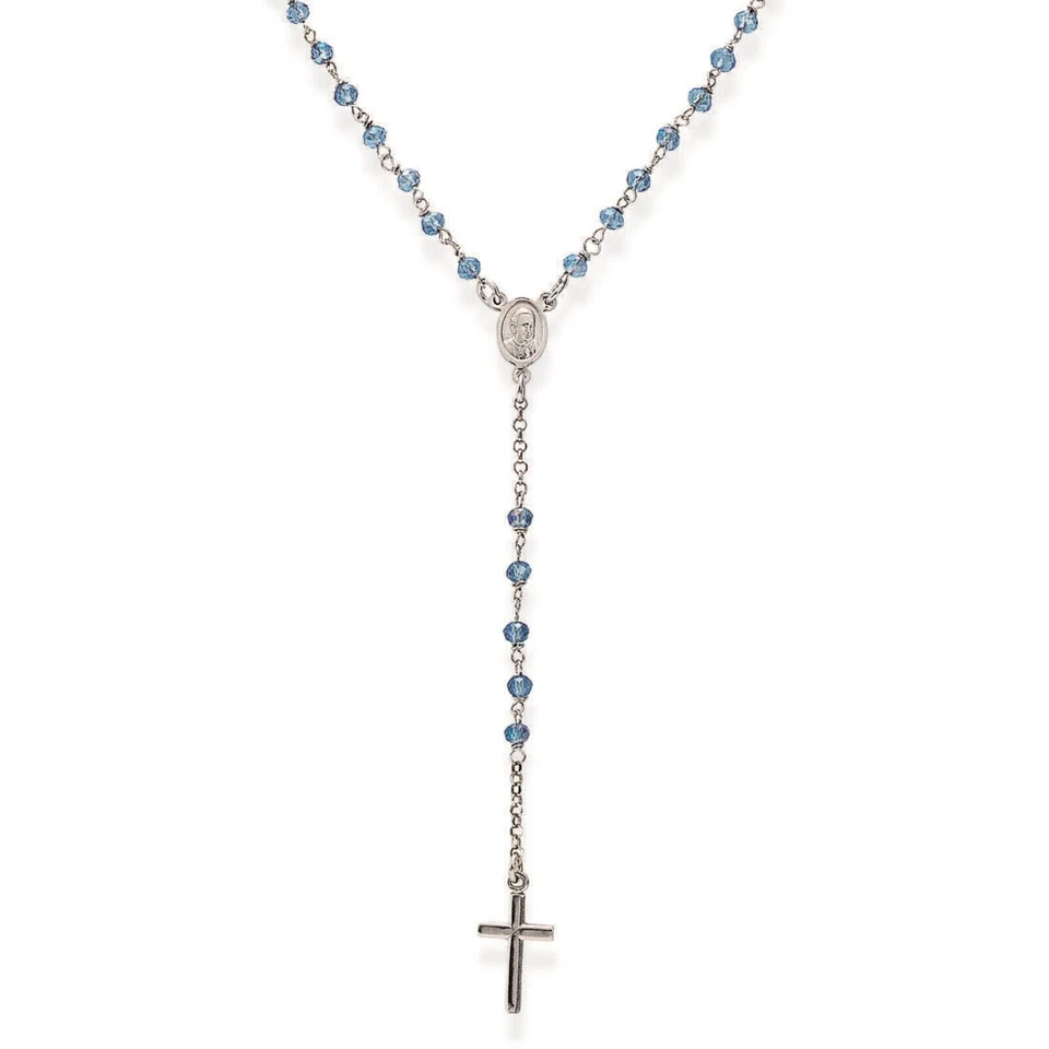 Collana Rosario Argento 925 Amen Madonna Miracolosa Cristalli Azzurro CROBC4 - Immagine 2 di 3