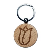 Flower Bud Outline Engraved Wood Round Keychain Tag Charm