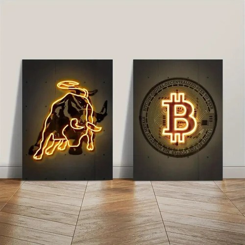 Lienzo de arte de pared dorado Bitcoin brillante vaca y Bitcoin 2 piezas sin marco - Imagen 4 de 7