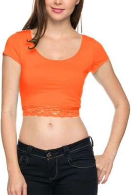 Lace Contrast Scoop Neck Short Sleeve Cute Sexy Crop Top by Ambiance Apparel M
