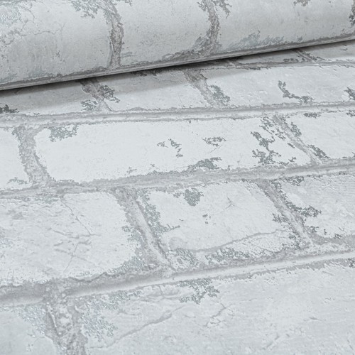 Metallic Wallpaper White Navy Silver Gold Brick Stone Feature Rustic Effect - Picture 11 of 15