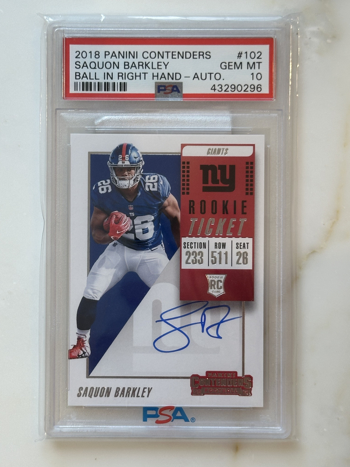 2018 Panini Contenders SAQUON BARKLEY PSA 10 AUTO RIGHT HAND LAST APR $1000!
