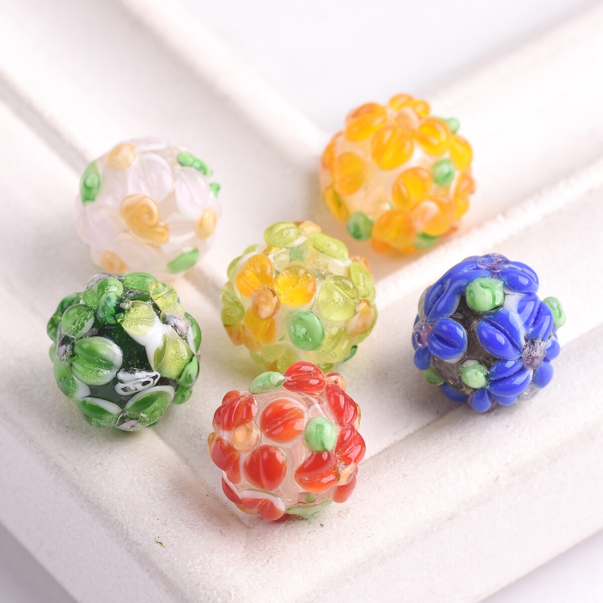 5pcs Handmade Flower 12mm Round Lampwork Glass Loose Beads For Jewelry  Making