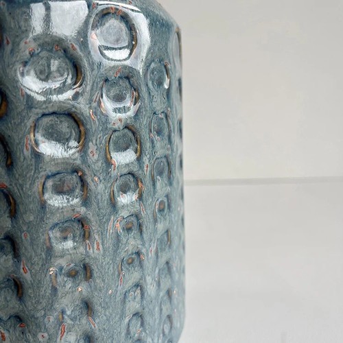 Wide Ceramic Dark Blue Dimpled Vase Bronze Highlights Home Decor Flower Vase - Picture 4 of 6