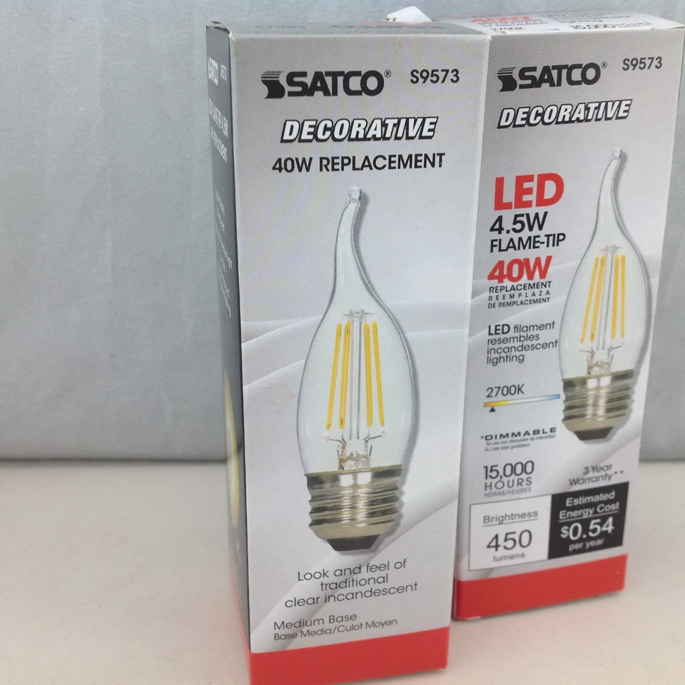 Satco S9573 4.5W Decorative LED Flame Tip Clear 450 Lumens Bulb Lot of 2 - Image 3 of 4